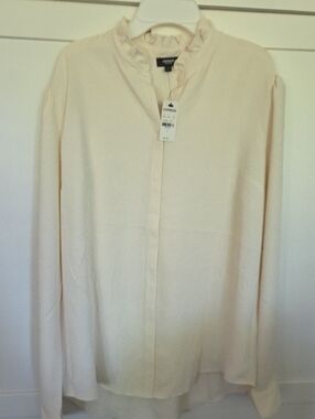 Express Soft Cream Ruffle-Neck Button Front Portofino Blouse